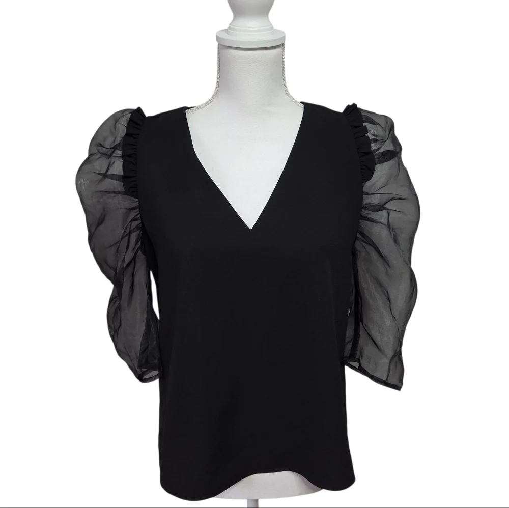 Crosby by Mollie Burch Black Sheer Puff Sleeves Statement Top Womens Medium
